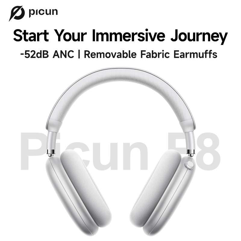 Picun F8 Pro Wireless Headphones - 52Db Noise Cancellation, 5 Smart ENC Mics, Detachable Fabric Ear Cushions, 120 Hour Standby, Seamless Dual Device Connection for All-Day Use and Boosted Productivity
