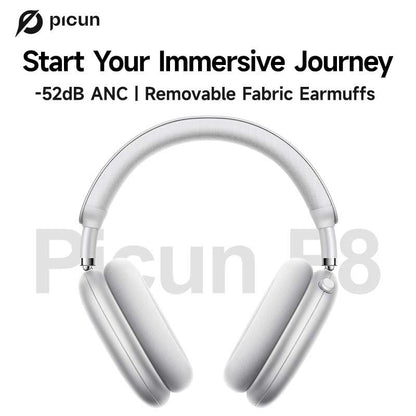 Picun F8 Pro Wireless Headphones - 52Db Noise Cancellation, 5 Smart ENC Mics, Detachable Fabric Ear Cushions, 120 Hour Standby, Seamless Dual Device Connection for All-Day Use and Boosted Productivity