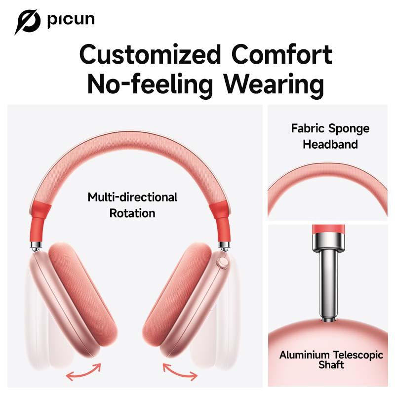 Picun F8 Pro Wireless Headphones - 52Db Noise Cancellation, 5 Smart ENC Mics, Detachable Fabric Ear Cushions, 120 Hour Standby, Seamless Dual Device Connection for All-Day Use and Boosted Productivity